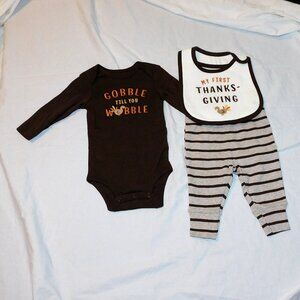 Baby First Thanksgiving Outfit Bib 3 Pce Pants Gobble Unisex Turkey NEW